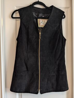 Vintage Black Sueded Leather Sleeveless Zip Front Vest Size 9
